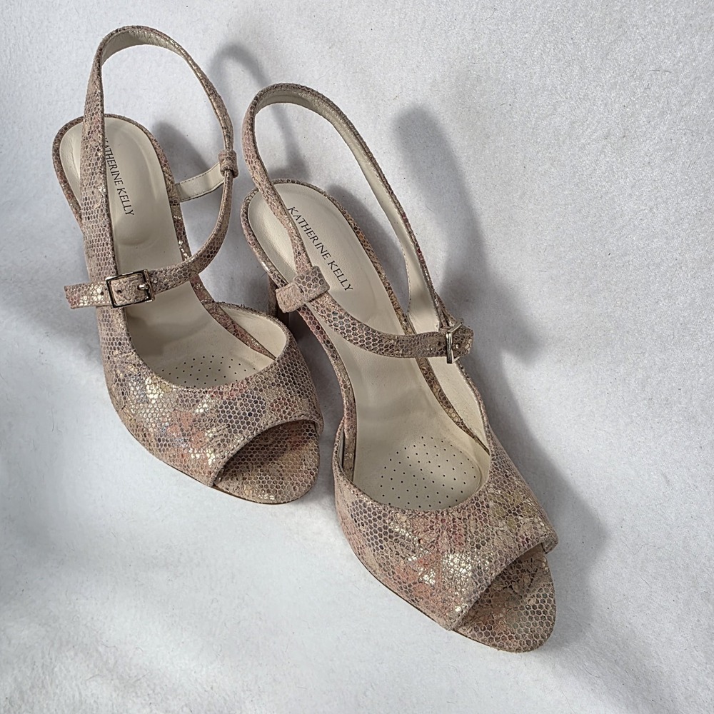 Katherine Kelly Rosanna Pink Floral Leather Sandals Size 7 3" Heels Straps Tan